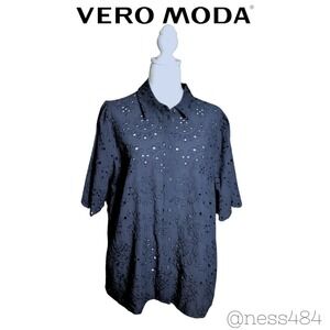 Vero Moda‎ Curve Navy Blue Eyelet Button Up Shirt Women Size 14 NWT